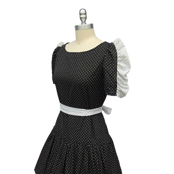 Vintage 70s Black and White Polka Dot Fit & Flare Midi Dress Size S Puff Sleeve - Picture 5 of 8